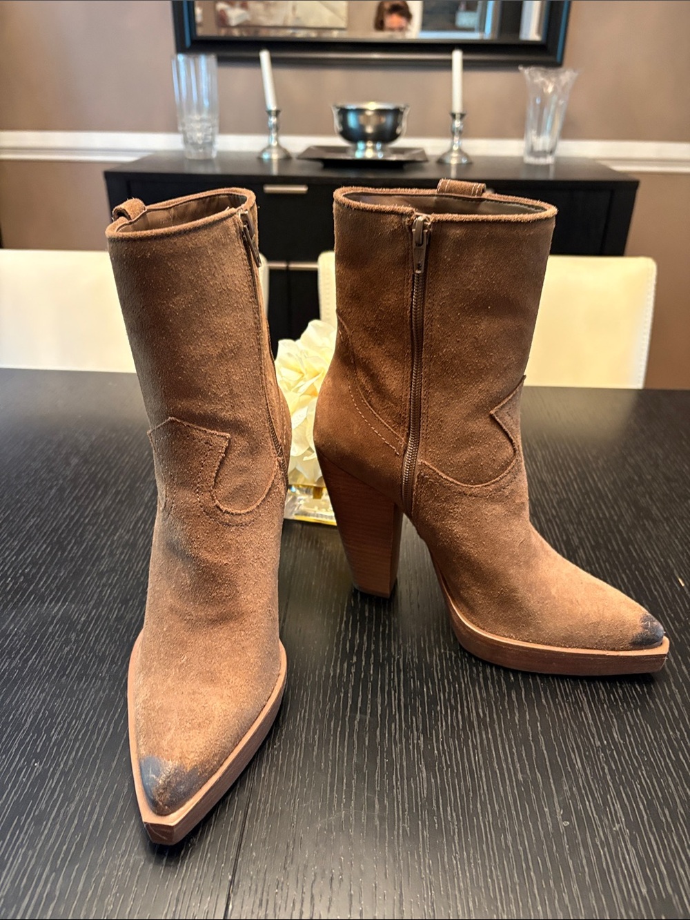 Vince Camuto Brown Suede Pointed-Toe Mid-Calf Heeled Boots